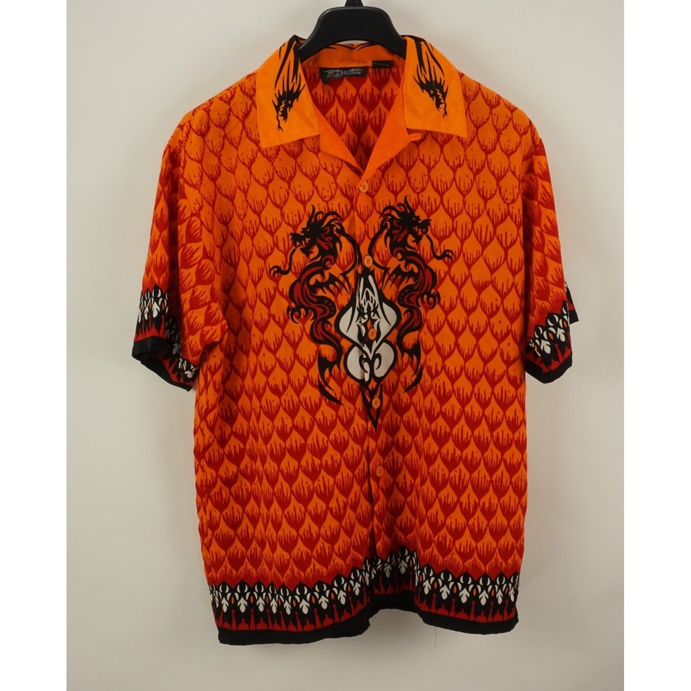 Dragonfly Clothing‎ Dragon Tribal Vintage Y2k Camp Shirt Men's Large Orange Red